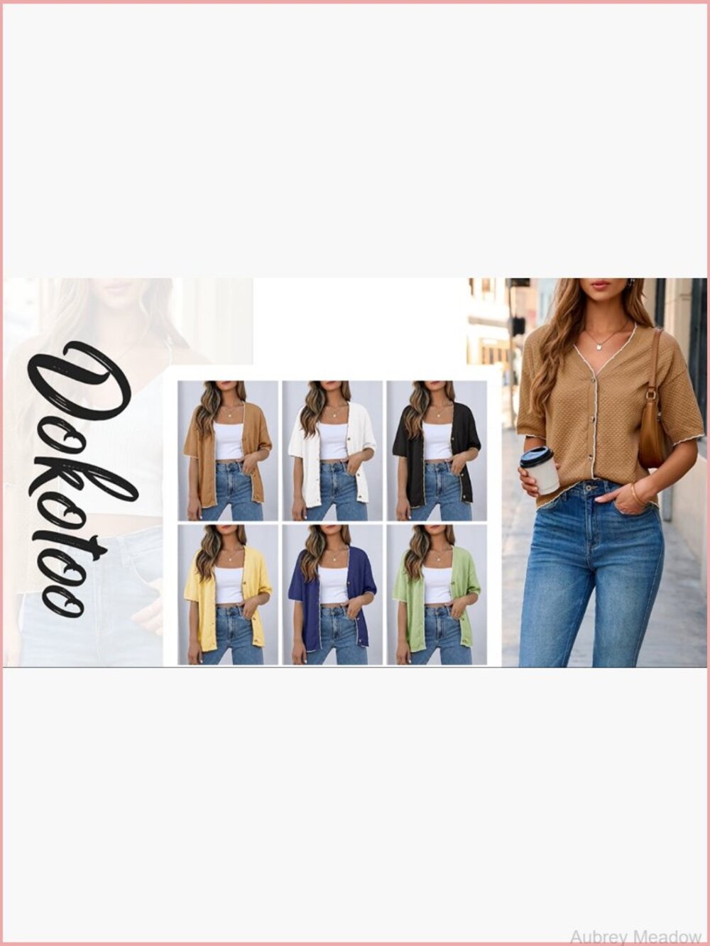 Textured Knit V-Neck Button Down Cardigan - Short Sleeve Cotton Top - Picture 7 of 7